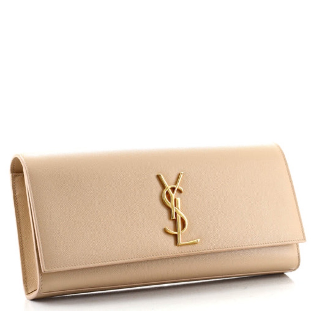 AUTH Saint Laurent Classic Monogram Kate Clutch Beige Pebbled Leather YSL Gold